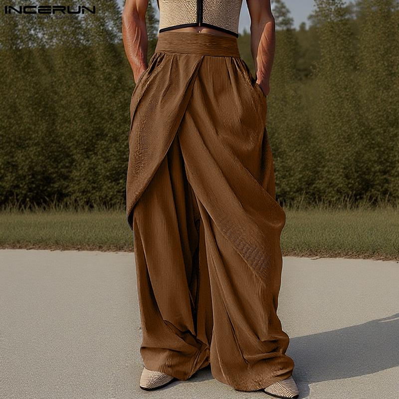 INCERUN Mens Elastic Waist Front Cross Layers Casual Loose Wide Legs Pants Long Trousers