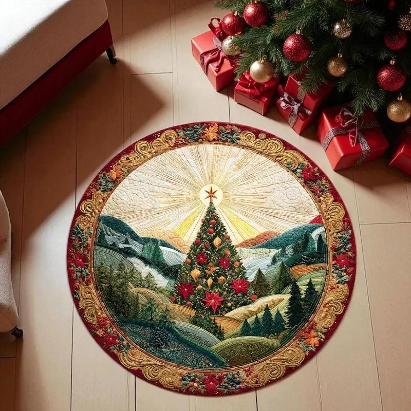 Vintage Christmas Style Print Round Mat Stain Resistant Non-Slip Carpet for Retro Dining Room Area Rug Christmas Home Decorate