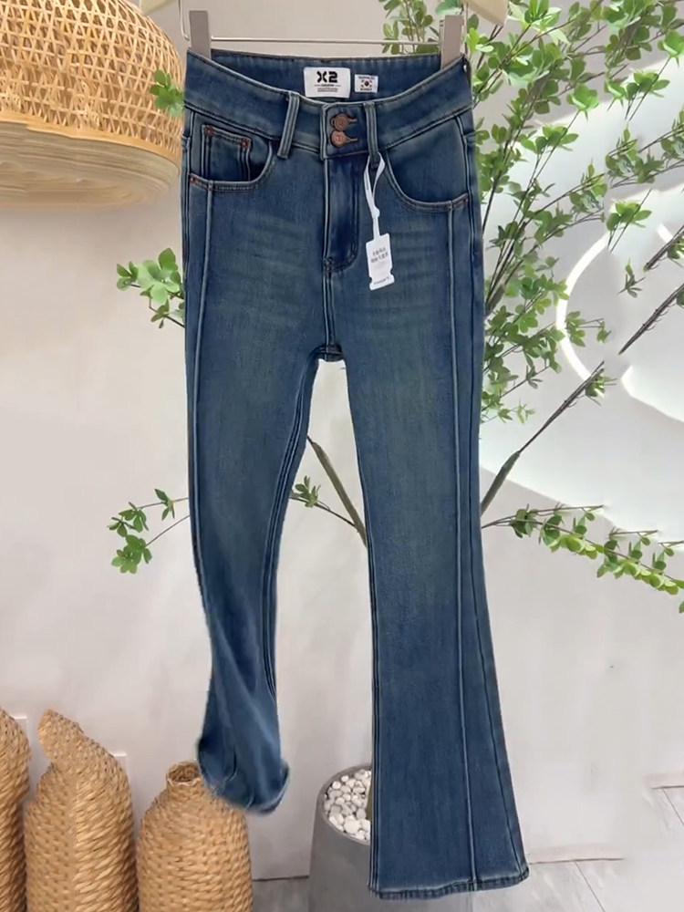 Women s High-Waist Slim-Fit Retro Blue Velvet Flare Jeans - Petite Autumn/Winter 2026 Collection XL [118-128 jin]