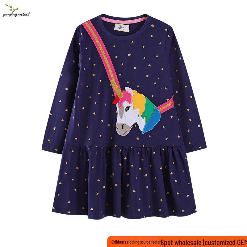 2025 Autumn Little Pony Unicorn Embroidered Girls' Long Sleeve Dress
