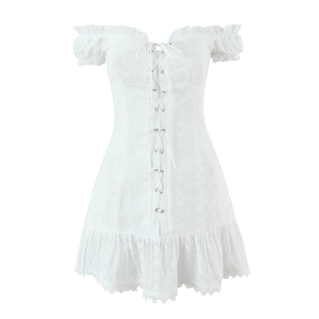 White One-Shoulder Lace Patchwork Slim Summer Dress with Cinched Waist and Short Sleeves