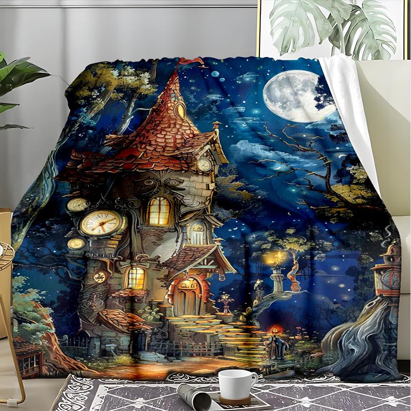 Fairy Cliff House Fleece Blanket, Fantasy Cottage Throw
