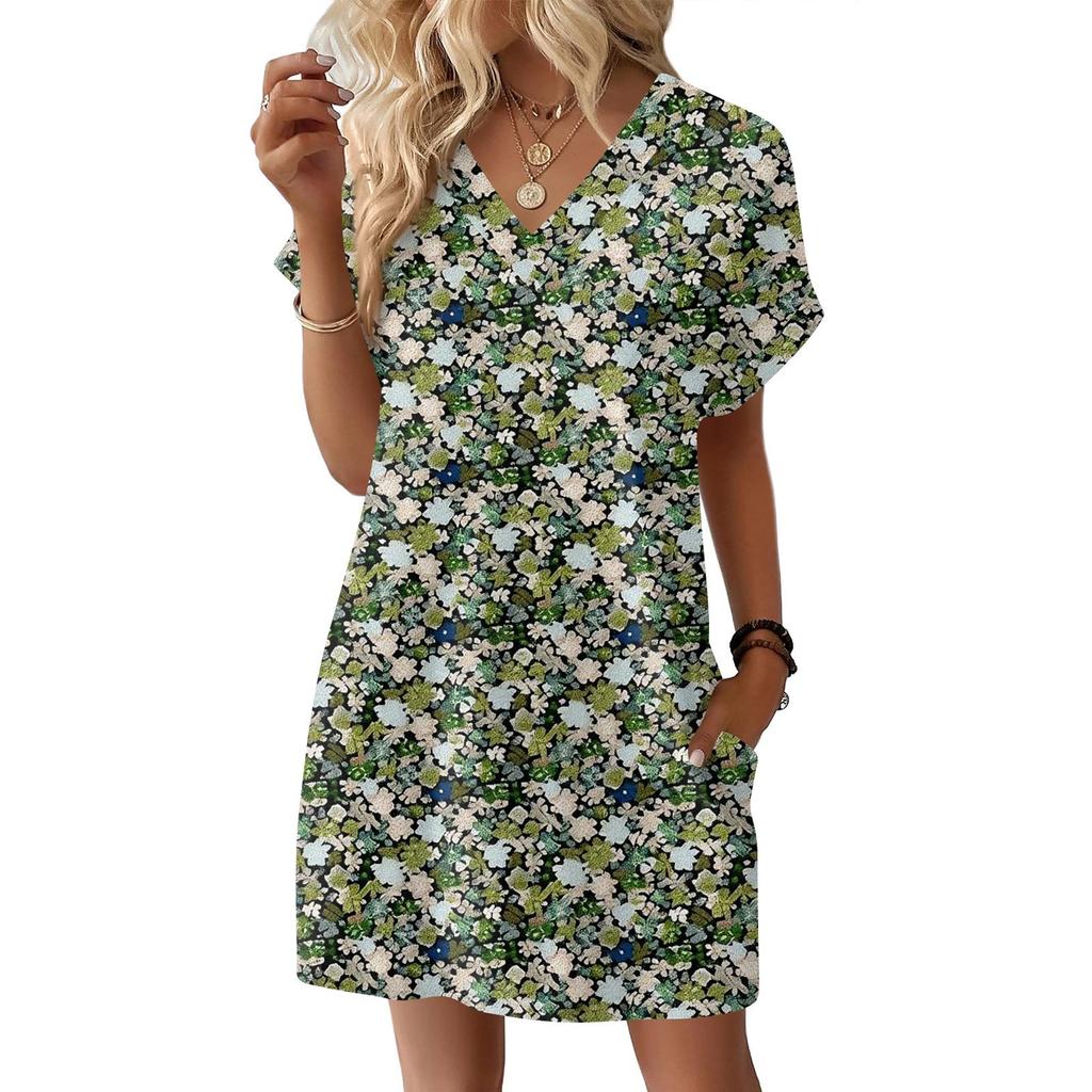 Short Sleeve Women's Dress Casual Dresses With Pockets V Neck Vocation Boho Beach Sundress