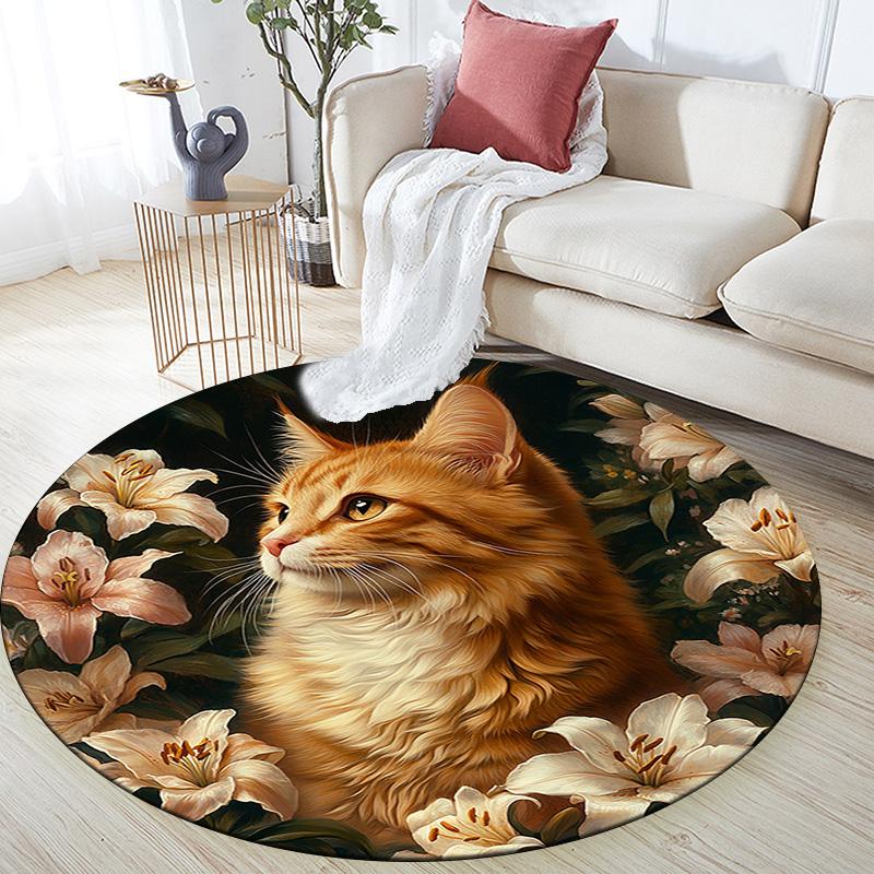 Orange Cat Round Area Rug,Carpet Rug for Living Room Bedroom Sofa Playroom Decor,Non-slip Floor Mat