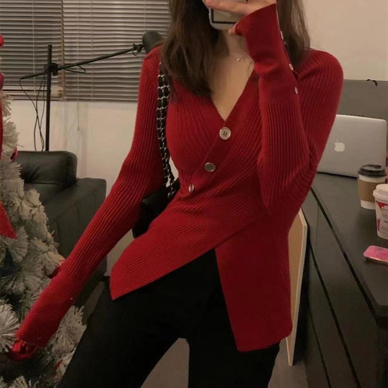 Irregular Design Sense of Women's Long-sleeved Pullover Sweater, Autumn and Winter High-end Sense of Slim Slimming V-neck Sweater Top 2424#