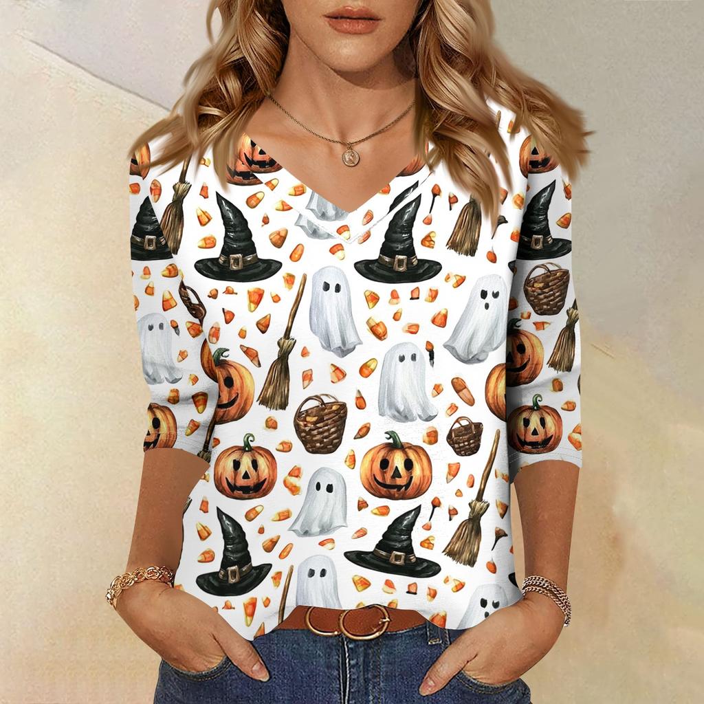 Womens Halloween Print V Neck Top Three Quarter Sleeve Casual Shirt Lightweight Soft Fabric Relaxed Fit Comfortable Everyday Wear