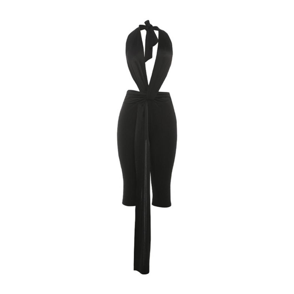 Fall European American Style Solid Color Sexy Sleeveless Halter Backless Tight Jumpsuit