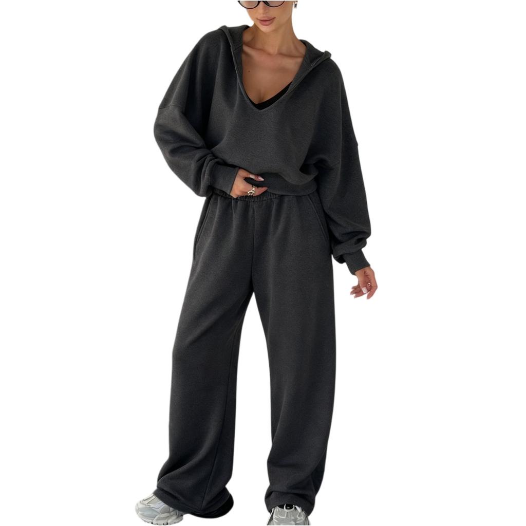 Women's Loose Slim Solid Color Long-sleeved Hooded Sweatshirt Sports Suit