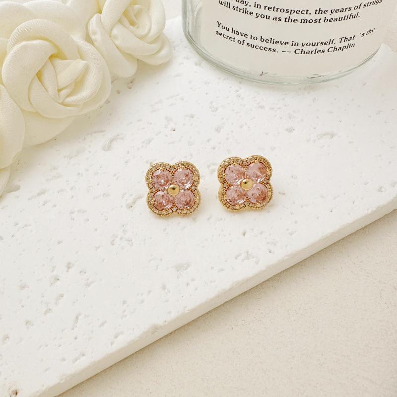 Exquisite French Court Style Multi-Color Zirconia Four-Leaf Clover Earrings for Versatile Use