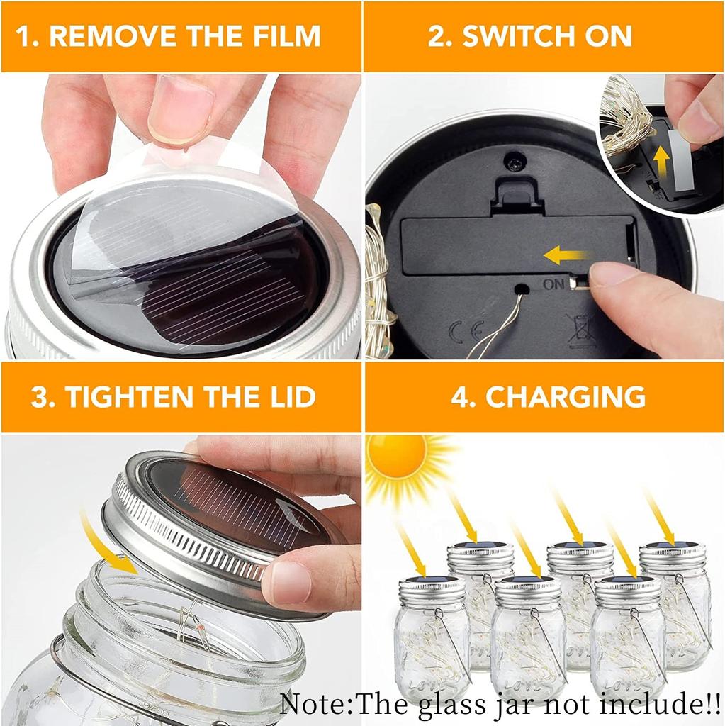 Lumini solare pentru borcan zidar cu 30 LED-uri Capac pentru borcan cu mânere, zână, licurici, rezistent la apă, pentru decorarea de nuntă de grădină. (Fără borcan)