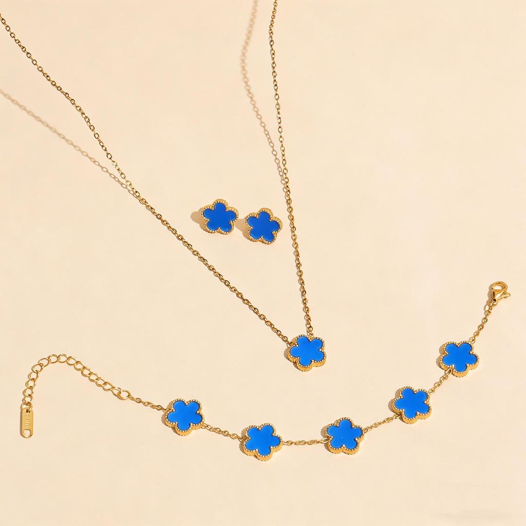 Stylish Lucky Four-Leaf Clover Jewelry Set: Titanium Steel 18K Chain Necklace, Bracelet, Earrings
