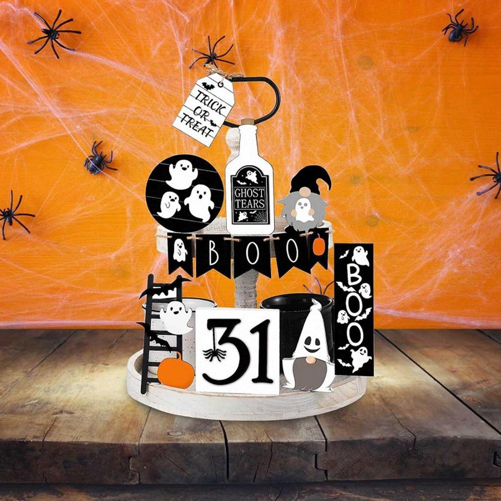 Ghost Tiered Tray Decor Wooden Cute Spooky Desktop Decoration for Festival Kitchen Black and White