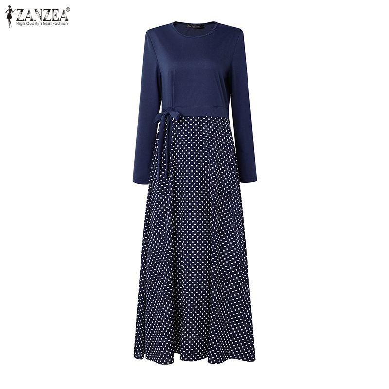 ZANZEA Women Casual Round Neck Long Sleeve Polka Dot Print Patchwork Retro Dress