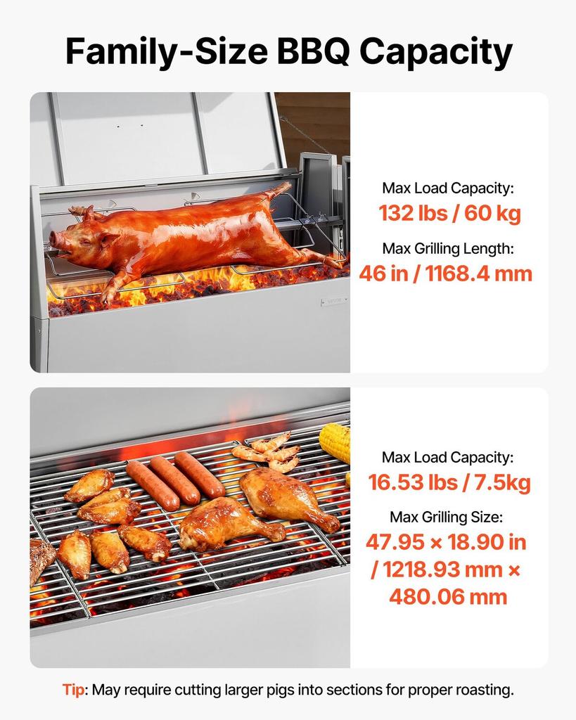 Grill Rotisserie, 38W Grill BBQ Zewnętrzny Rożen do Wieprzowiny i Jagnięciny, Węglowy Rożen o Pojemności 60 kg, Kółka i 4 Poziomy Wysokości, Stal Nierdzewna