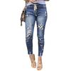 Autumn New Denim Trousers Women's Fashion Leopard Print Printed Holes Elastic Waist Denim Trousers