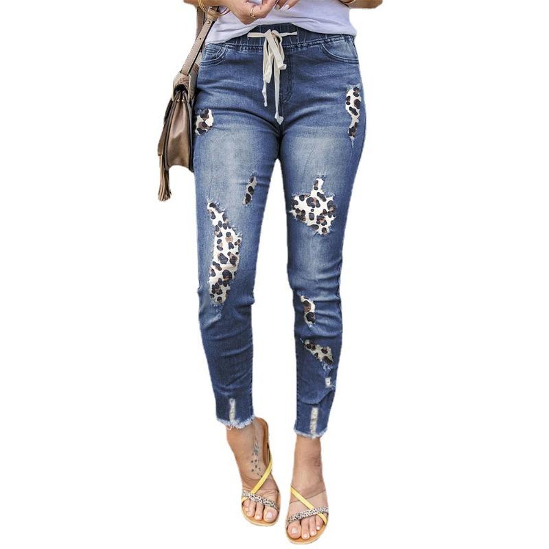 Autumn New Denim Trousers Women's Fashion Leopard Print Printed Holes Elastic Waist Denim Trousers