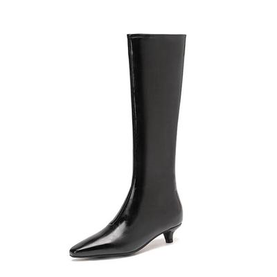Boty z hovězí kůže podzim zima módní kozačky špičaté prsty zateplené stiletto střední podpatky kozačky do půli lýtka