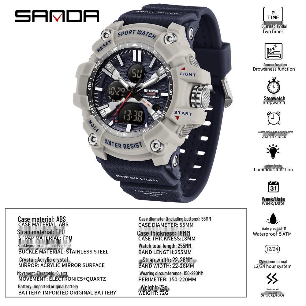 SANDA Youth Waterproof Sports Watch - Cool Trendy Multi-functional Dual Display in Black Technology Design