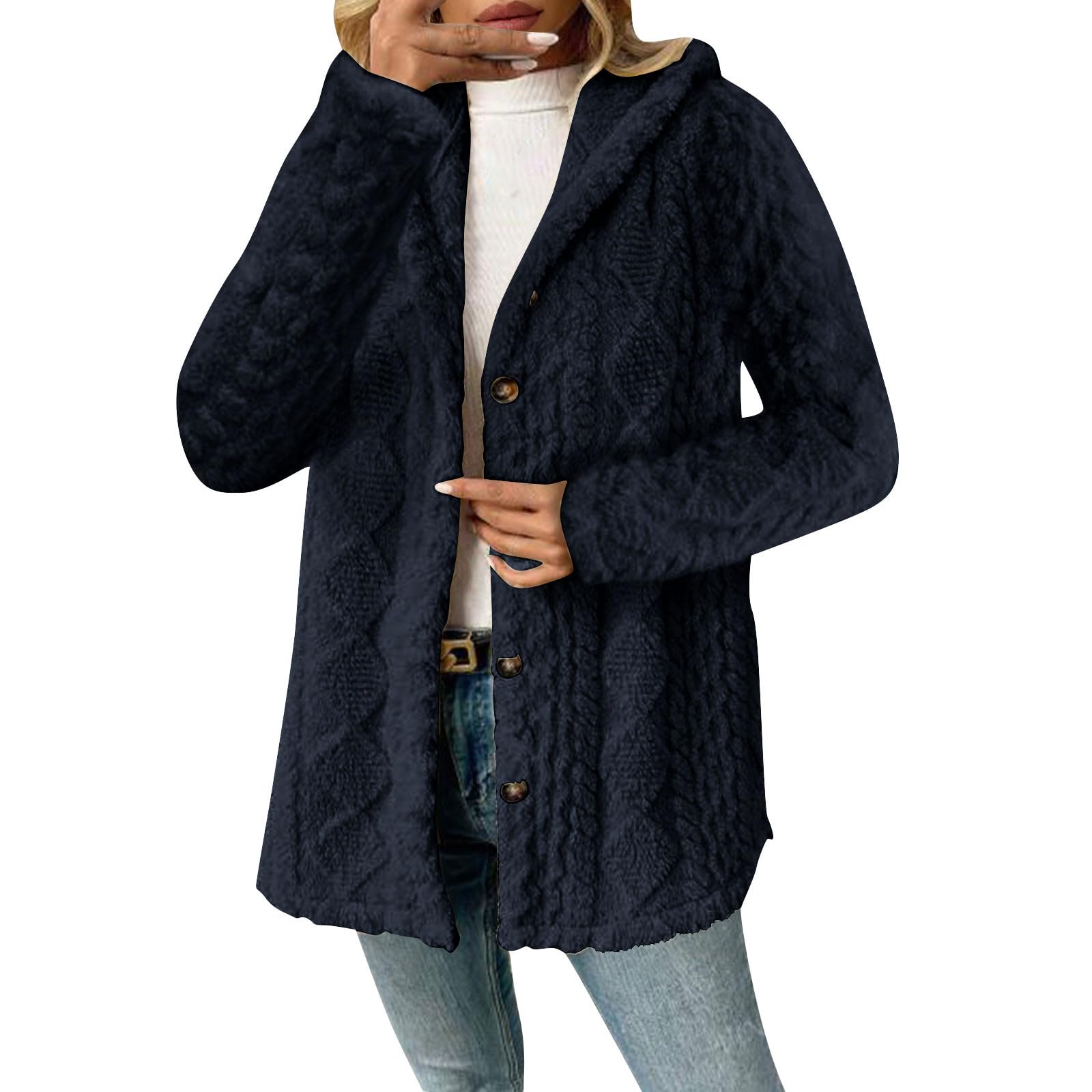 

Женский однотонный модный повседневный теплый модный кардиган с капюшоном и плюшевой отделкой Diamond M тёмно-синий