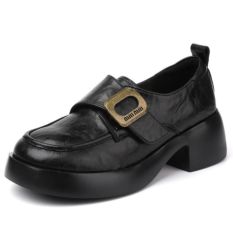 British Fashion Women's Loafers 2025 Autumn New Soft Leather Round Head Platform Shoes Thick Heel Retro Small Leather Shoes