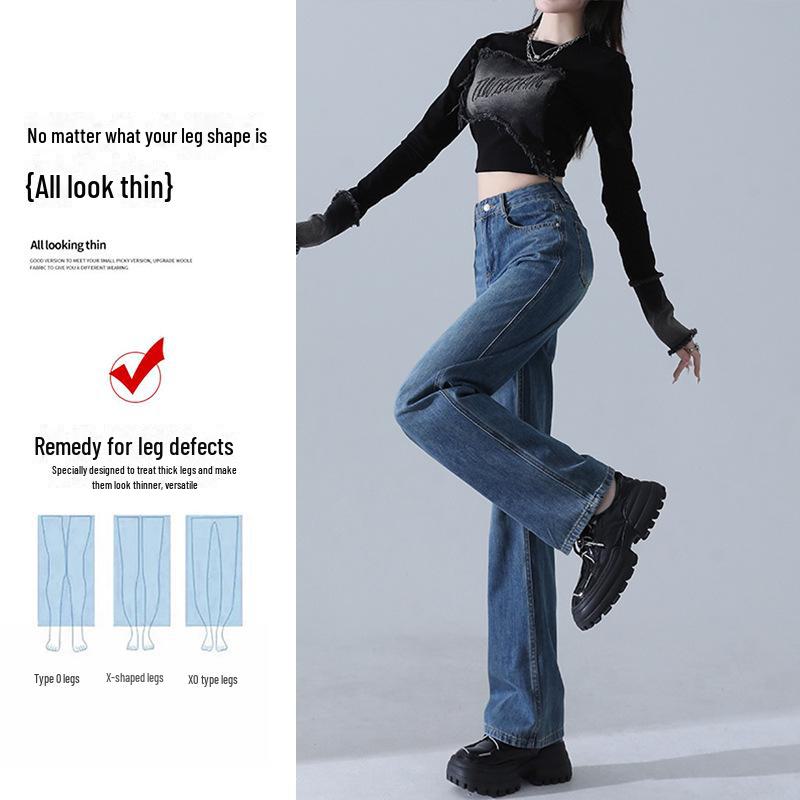 Retro modré džíny s vysokým pasem a širokými nohavicemi dámské rané jaro 2025 - Volné, slim-fit rovné kalhoty