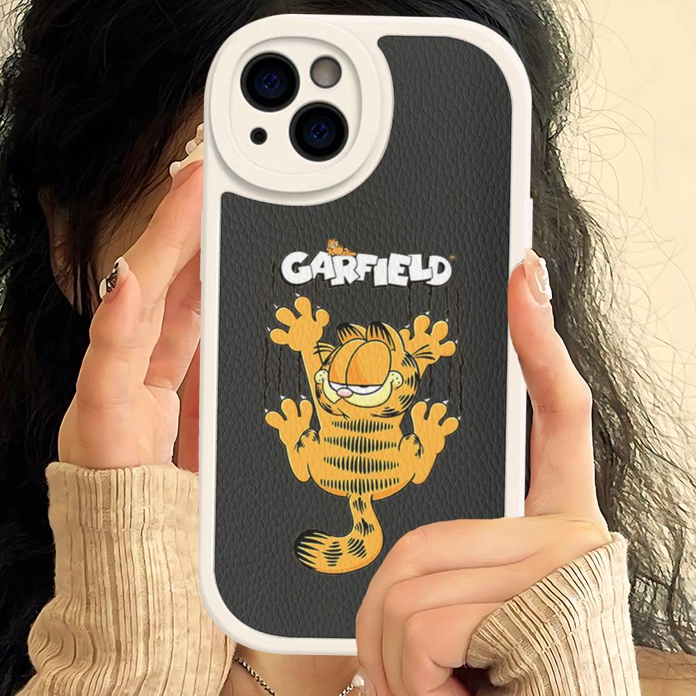 Cute Cartoon G-garfield Cat Leather Phone Case For IPhone 16 16e 15 14 13 12 11 Pro Max Plus Mini Cover