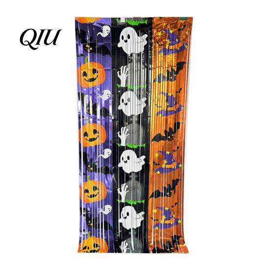 Halloween Backdrop Curtain Foil Fringe for Halloween, Orange Purple Black Background Shiny Tinsel Photo Booth Props, Pumpkin Ghost Bat Party