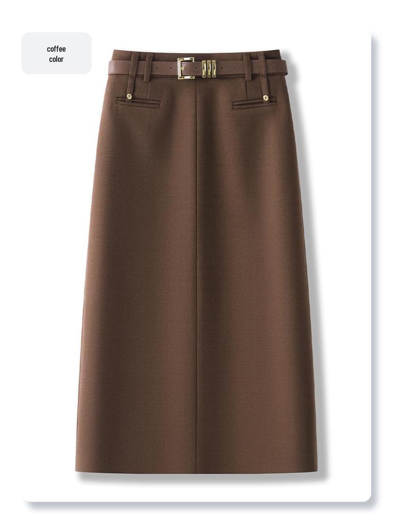 Khaki Wool Midi Bodycon Skirt for Women - 2024 Autumn/Winter New Style with Slit