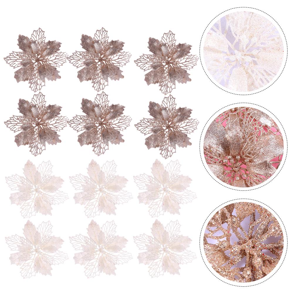 10pcs Christmas Glitter Poinsettia Flowers Tree naments Flower Artificial Decoration Tree nament Xmas Party Supplies