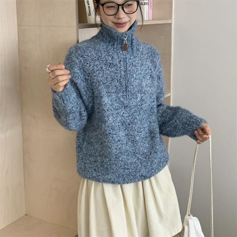 Flower Yarn Half Zipper Pullover Knitted Sweater Outer Wear Autumn and Winter New Loose Versatile Sweater Women's Top Thick