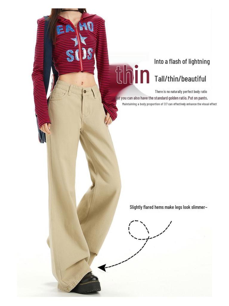 Damen Khaki Micro-Flared Jeans: Locker, Figurbetont, Gerades Bein, High Street Style für den Herbst