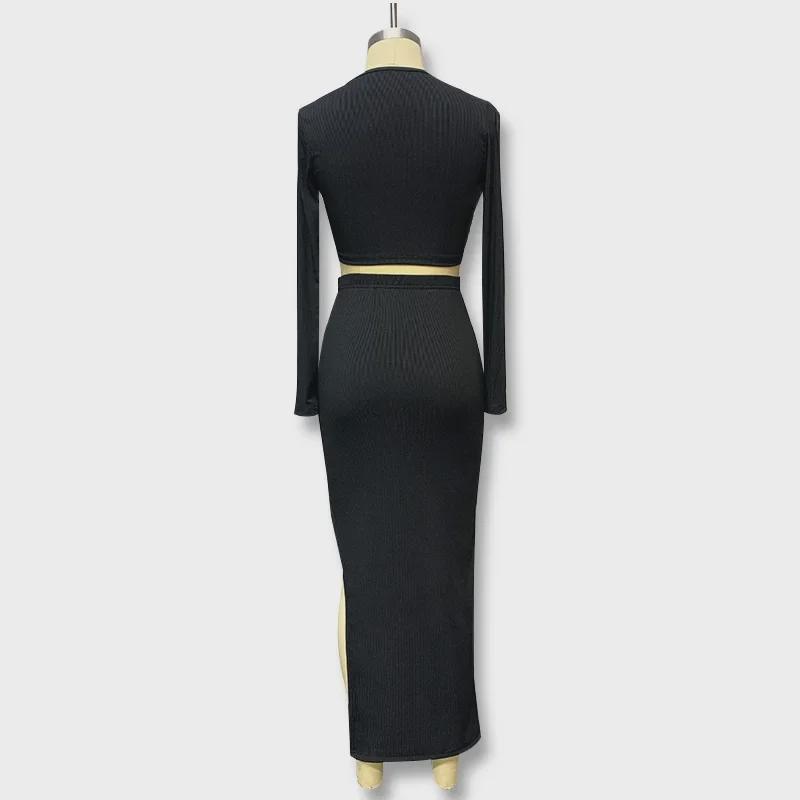 2023 Autumn/Winter Women's Solid Color Knitted Two-Piece Set: Round Neck Top & Long Sleeve Slit Skirt