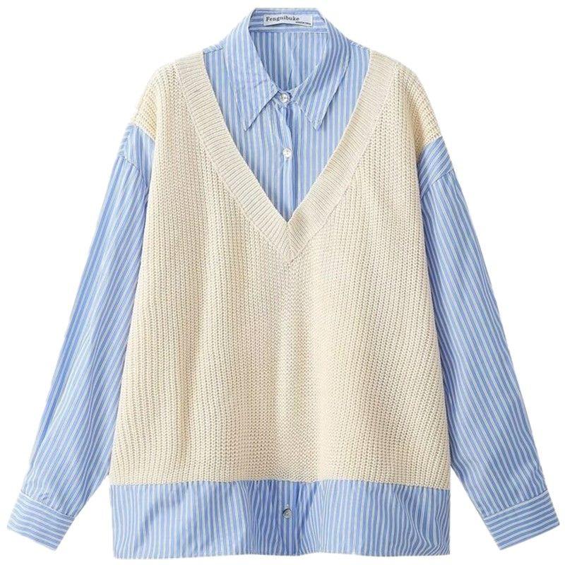 

Fashion Style 2024 Spring New Arrival Women s Clothing Temperament Fake Two-Piece Stripes Long Sleeves Shirt 2142011 080 Blue L