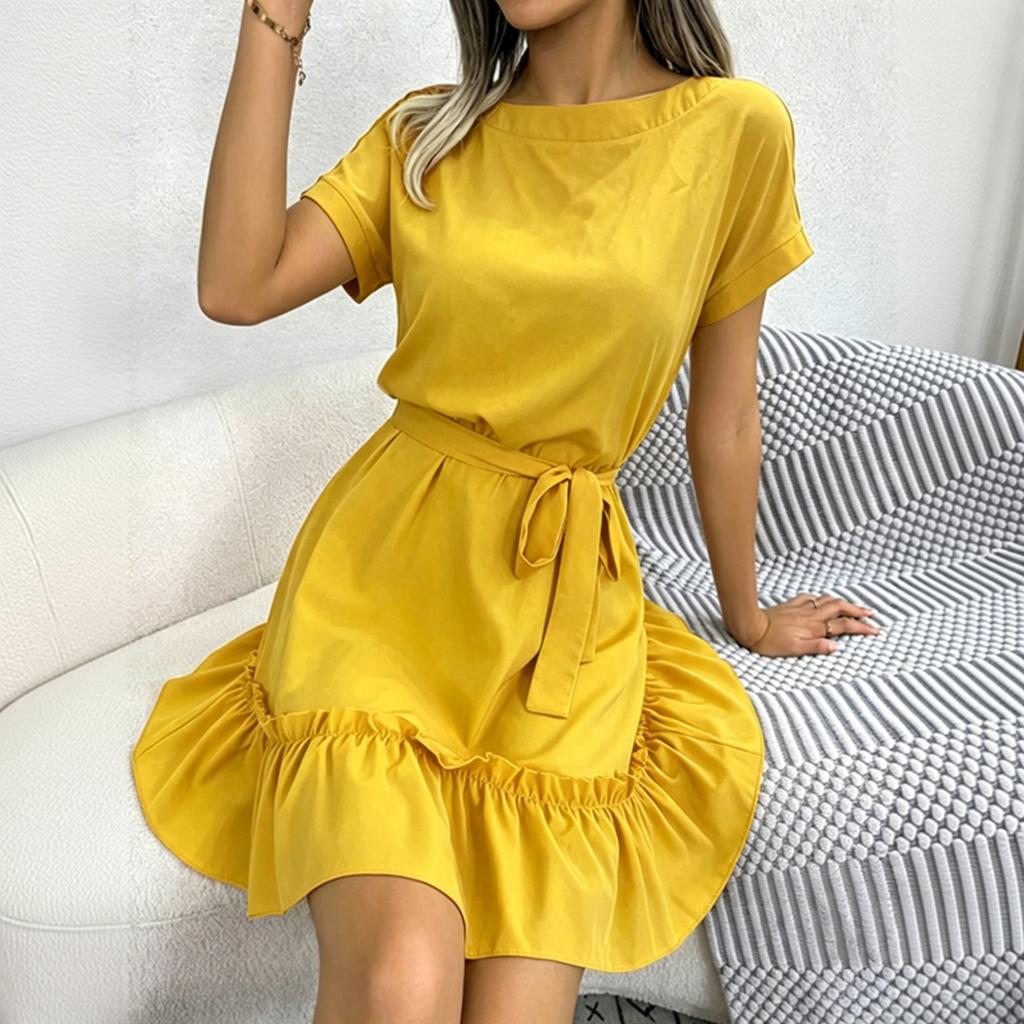 Women's Casual Short Sleeve Dress with Ruffle Hem and Waist Tie Elegant Summer Dress Lightweight Fabric Comfortable Fit