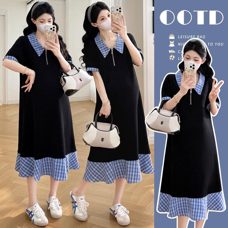 

Maternity Korean Style Lapel T-shirt Dress - Trendy, Slimming, Mid-Length Over-the-Knee Summer Fashion 2XL чёрный