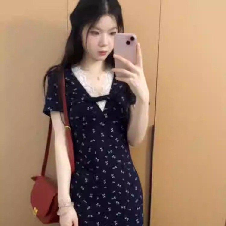 Elegant French V-Neck Floral Mid-Length Dress 2026 - Women's Summer Slimming Waist-Cinching Korean Style