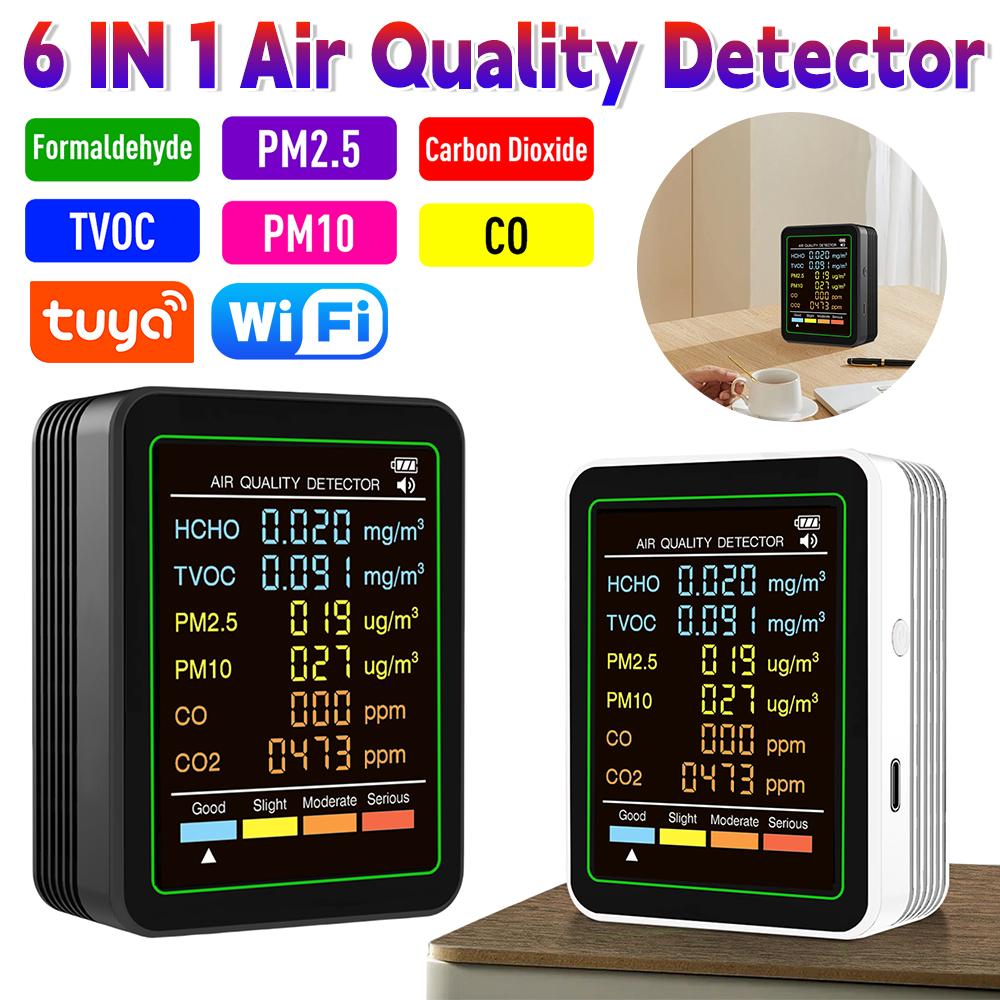Multifunctional 6 In 1 Air Quality Detector Tester Temperature Humidity Meter TVOC PM2.5 PM10 CO CO2 Household APP Control Detec