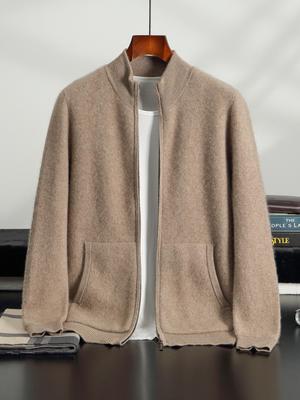 Siping Men's Thick Cashmere Cardigan, Zipper Stand Collar, Warm Knit Outerwear, Business Casual Wool Sweater