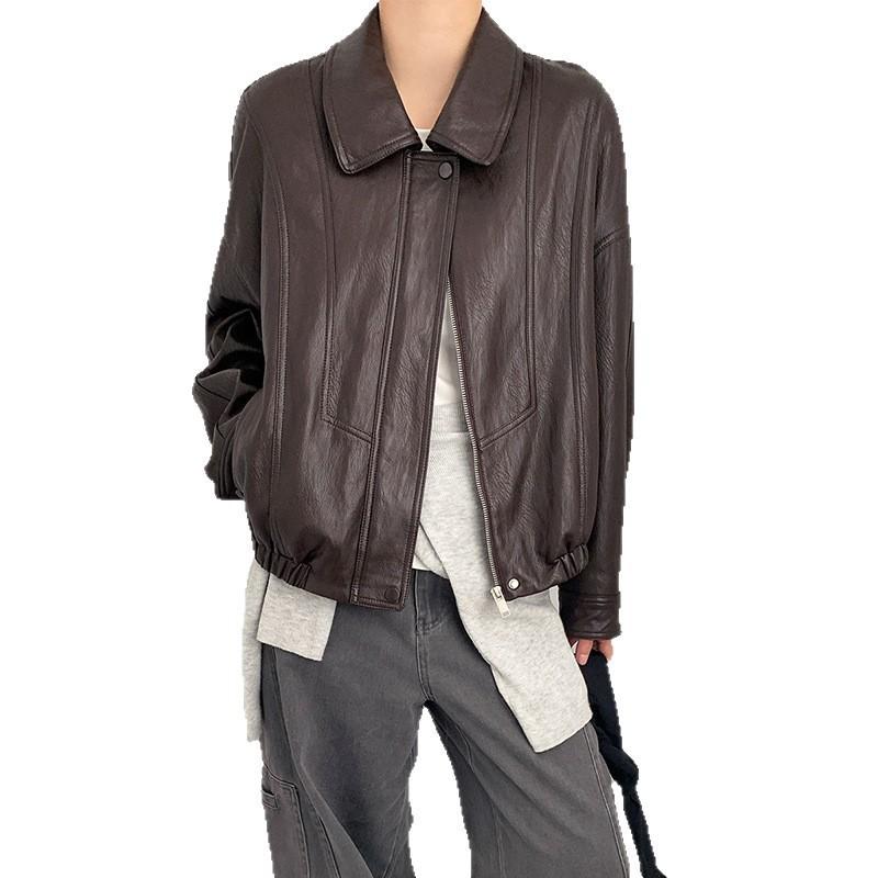 Womens PU Leather Jacket Short Loose Fit Casual Turn-Down Collar Windbreaker Lightweight Outerwear