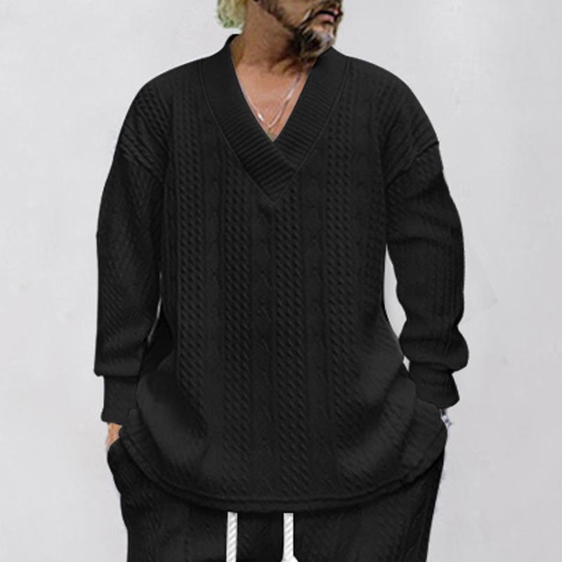 Men Casual Loose V Neck Long Sleeve Jacquard Knit Pullover Top
