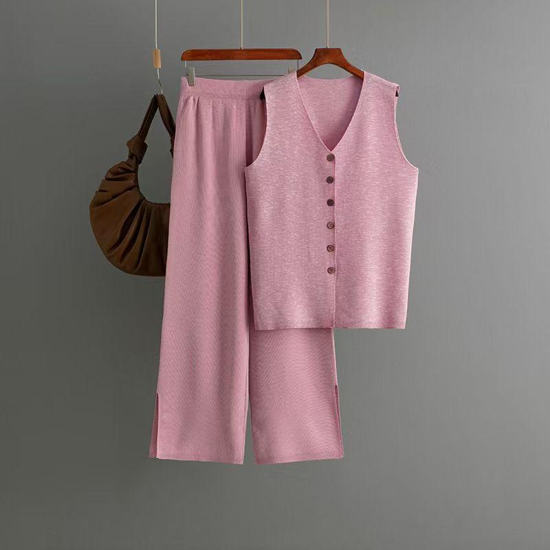 

Fashion Wind Loose Casual Knitting Vest Loose Pants Two-piece Set Knitted Vest and Pants Set Dark pink All yards