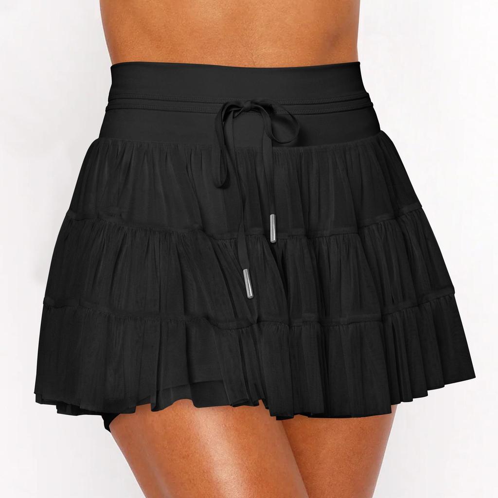 Wish Fashion Lace-Tied Pleated Safety Skirt: Summer Anti-Exposure Mesh Overlay