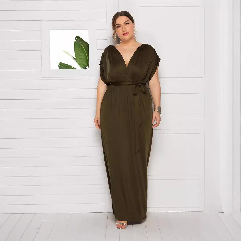 Plus Size Women’s Solid V-Neck Evening Dress, Sexy Loose Fit with Large Hem