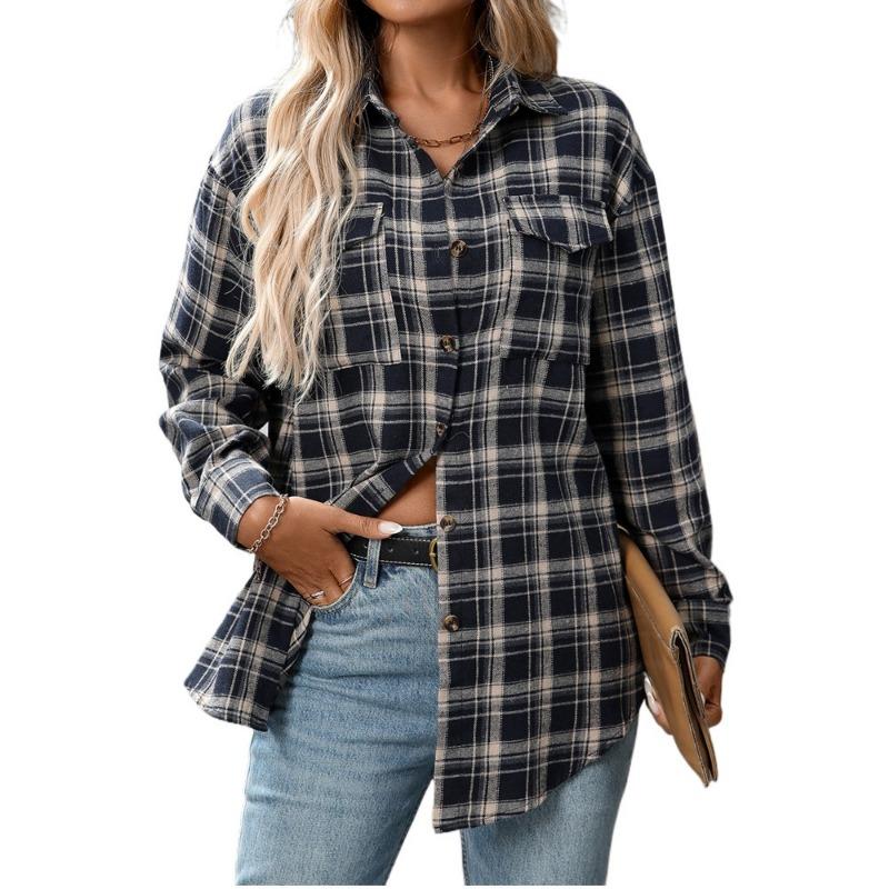 Women S Loose Fit Long Sleeve Plaid Casual Shirt