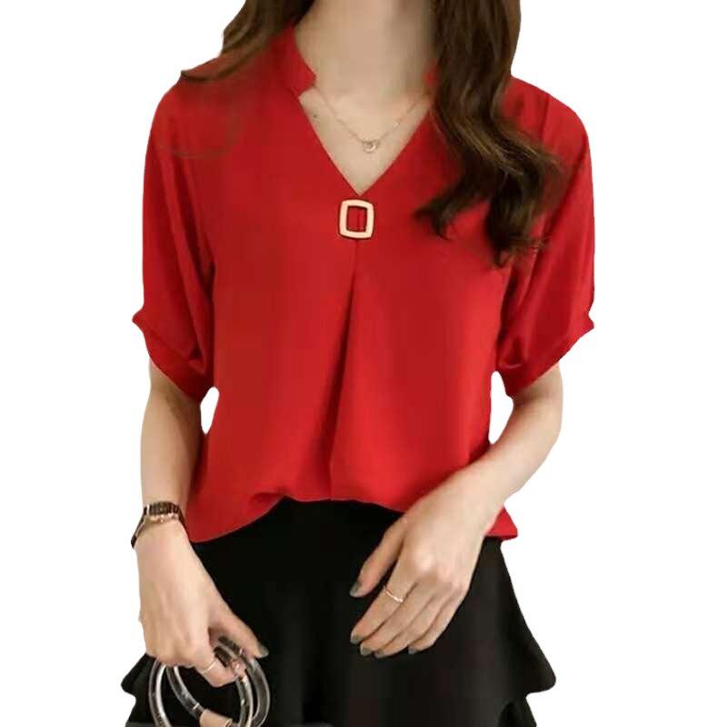 2024 Plus Size Koreansk Chiffong Halvärmad Slim Sommartopp för Kvinnor