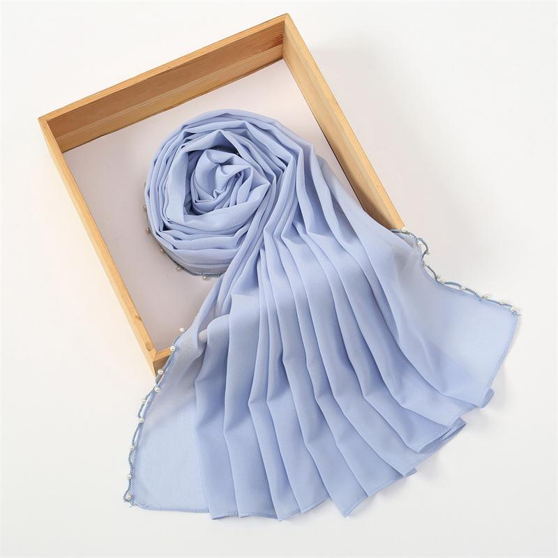 Muslim Chiffon Hijab Scarf Pearl Edge Solid Color Squane Head Wrap For Women Hijabs Scarves Jersey Hijabs Islamic Turban Headban
