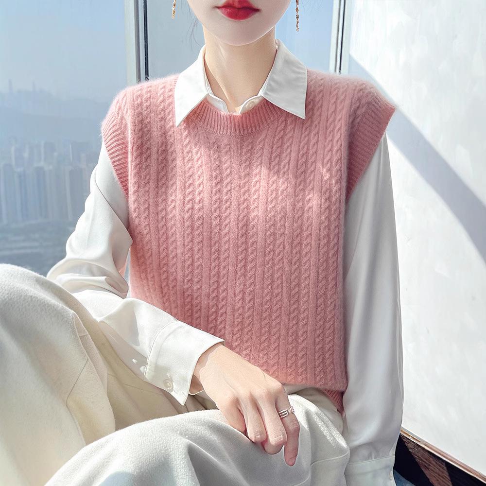 Dámská zesílená vlněná pletená vesta s copánkovým vzorem - Bez rukávů, pulovr s kulatým výstřihem na podzim/zimu