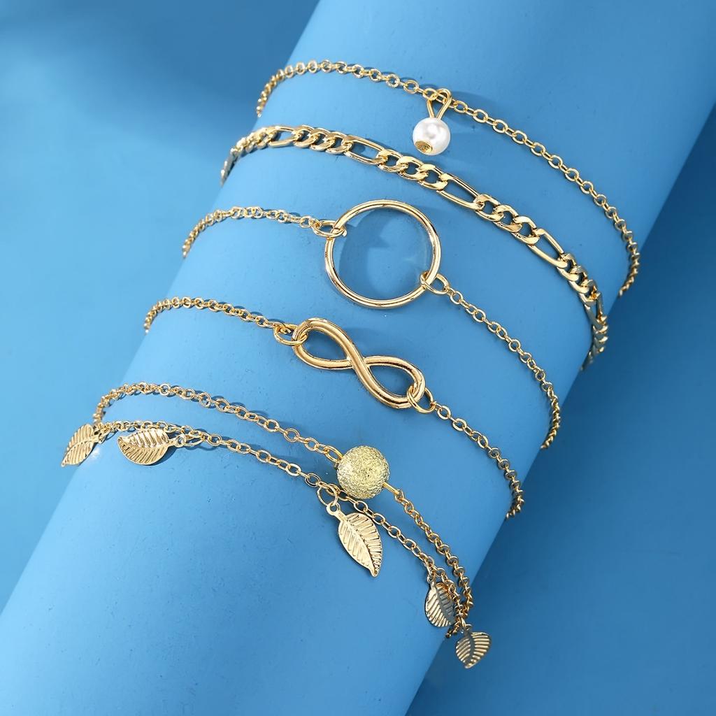 Gold Bead Leaf Pendant Anklet Set, Vintage Beach Style, Multi-Layer Pearl Stacked Anklet Set