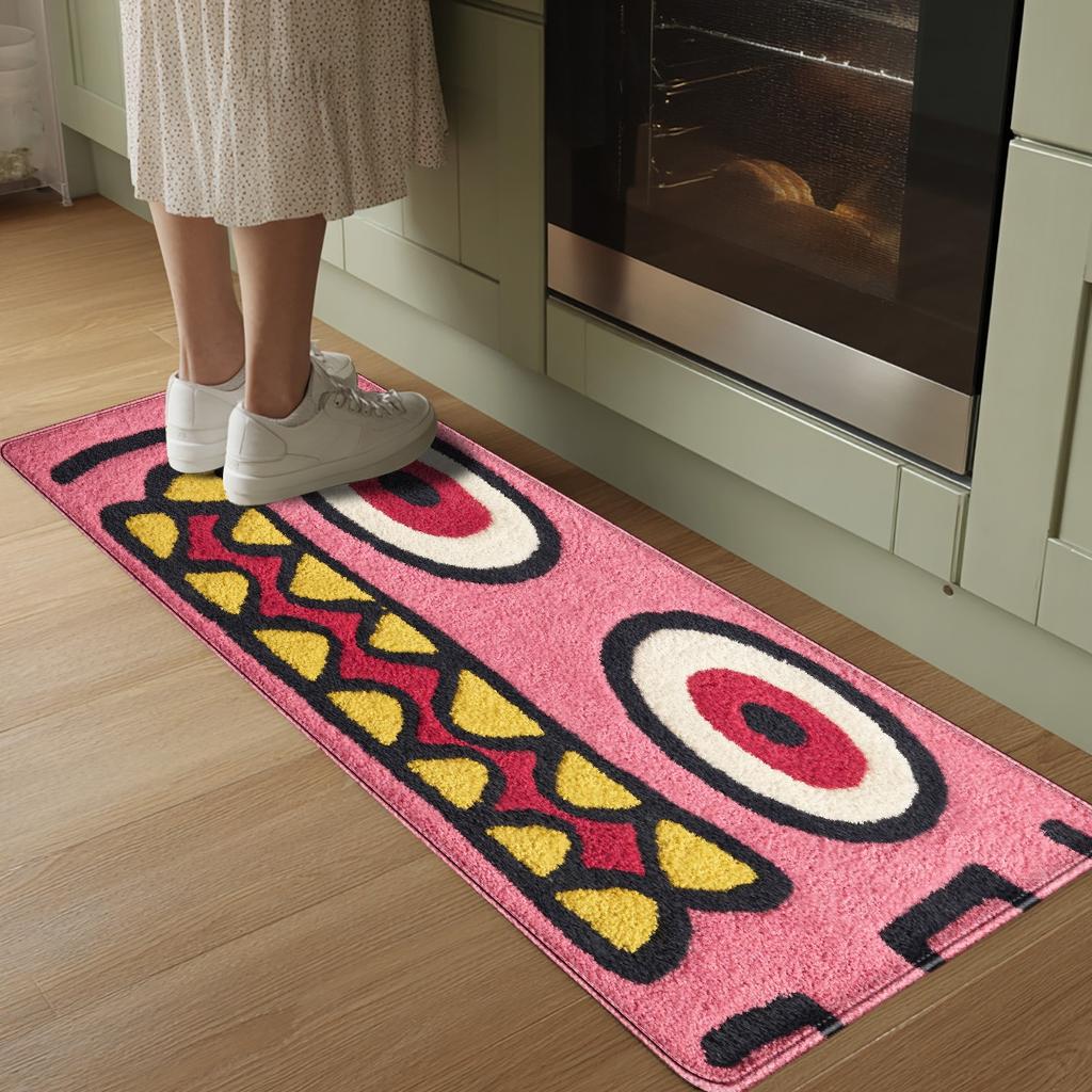 Pink & Black Cartoon Face Floor Mat – Soft Non-Slip Flannel Rug with Playful Expression for Bathroom, Kitchen & Home Decor