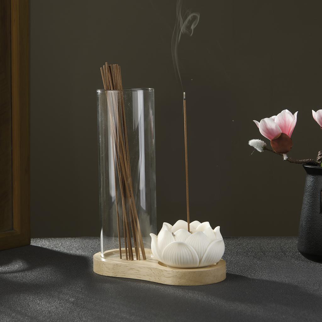 2 In 1 Incense Holder for Sticks Ceramic Lotus Incense Burne with Removable Glass D Incense Sticks Organizer for Yoga Home Decor